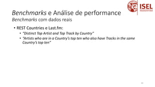Benchmarks e Análise de performance
• REST Countries e Last.fm:
• “Distinct Top Artist and Top Track by Country”
• “Artists who are in a Country’s top ten who also have Tracks in the same
Country’s top ten”
Benchmarks com dados reais
64
 