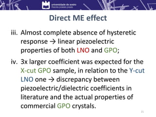 Direct ME effect
iii. Almost complete absence of hysteretic
response → linear piezoelectric
properties of both LNO and GPO;
iv. 3x larger coefficient was expected for the
X-cut GPO sample, in relation to the Y-cut
LNO one → discrepancy between
piezoelectric/dielectric coefficients in
literature and the actual properties of
commercial GPO crystals.
21
 