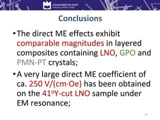Conclusions
•The direct ME effects exhibit
comparable magnitudes in layered
composites containing LNO, GPO and
PMN-PT crystals;
•A very large direct ME coefficient of
ca. 250 V/(cm·Oe) has been obtained
on the 41oY-cut LNO sample under
EM resonance;
24
 