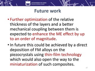 27
Future work
• Further optimization of the relative
thickness of the layers and a better
mechanical coupling between them is
expected to enhance the ME effect by up
to an order of magnitude.
• In future this could be achieved by a direct
deposition of FM alloys on the
piezocrystals using thin-film technology
which would also open the way to the
miniaturization of such composites.
 