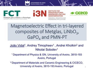 Magnetoelectric Effect in tri-layered
composites of Metglas, LiNbO3,
GaPO4 and PMN-PT
João Vidal1, Andrey Timopheev1 , Andrei Kholkin2 and
Nikolai Sobolev1
1 Department of Physics & I3N, University of Aveiro, 3810-193
Aveiro, Portugal
2 Department of Materials and Ceramic Engineering & CICECO,
University of Aveiro, 3810-193 Aveiro, Portugal 1
 