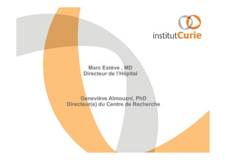 Geneviève Almouzni, PhD
Directeur(e) du Centre de Recherche
Marc Estève , MD
Directeur de l’Hôpital
 