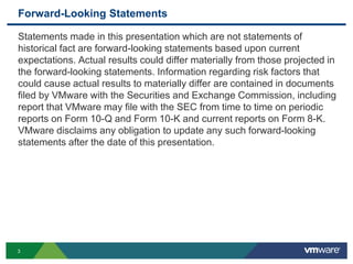 Forward-Looking Statements
Statements made in this presentation which are not statements of
historical fact are forward-looking statements based upon current
expectations. Actual results could differ materially from those projected in
the forward-looking statements. Information regarding risk factors that
could cause actual results to materially differ are contained in documents
filed by VMware with the Securities and Exchange Commission, including
report that VMware may file with the SEC from time to time on periodic
reports on Form 10-Q and Form 10-K and current reports on Form 8-K.
VMware disclaims any obligation to update any such forward-looking
statements after the date of this presentation.
3
 