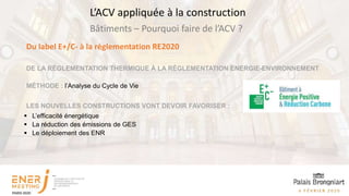 Bâtiments – Pourquoi faire de l’ACV ?
L’ACV appliquée à la construction
Du label E+/C- à la réglementation RE2020
DE LA RÉGLEMENTATION THERMIQUE À LA RÉGLEMENTATION ÉNERGIE-ENVIRONNEMENT
MÉTHODE : l’Analyse du Cycle de Vie
LES NOUVELLES CONSTRUCTIONS VONT DEVOIR FAVORISER :
 L’efficacité énergétique
 La réduction des émissions de GES
 Le déploiement des ENR
• www.batiment-energiecarbone.fr
•
•
 