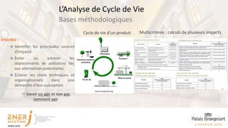 Cycle de vie d’un produit Multicritères : calculs de plusieurs impacts
Bases méthodologiques
L’Analyse de Cycle de Vie
Intérêts :
→ Identifier les principales sources
d'impacts
→ Éviter ou arbitrer les
déplacements de pollutions liés
aux alternatives potentielles
→ Éclairer les choix techniques et
organisationnels dans une
démarche d'éco-conception.
 Savoir où agir et non pas
comment agir
 