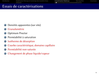Introduction Modélisation théorique et numérique des transferts d’eau Caractérisation Matériaux Non-équilibre Conclusion
Essais de caractérisations
1 Densités apparentes (sur site)
2 Granulométrie
3 Optimum Proctor
4 Perméabilité à saturation
5 Isotherme de désorption
6 Courbe caractéristique, domaine capillaire
7 Perméabilité non-saturée
8 Changement de phase liquide/vapeur
18
 