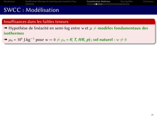 Introduction Modélisation théorique et numérique des transferts d’eau Caractérisation Matériaux Non-équilibre Conclusion
SWCC : Modélisation
Insuffisances dans les faibles teneurs
« Hypothèse de linéarité en semi-log entre w et µ = modèles fondamentaux des
isothermes
« µ0 = 106
J.kg−1
pour w = 0 = µ0 = f( T, HR, p) ; sol naturel : w = 0
23
 