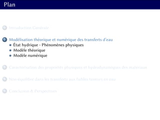 Plan
1 Introduction Générale
2 Modélisation théorique et numérique des transferts d’eau
État hydrique - Phénomènes physiques
Modèle théorique
Modèle numérique
3 Caractérisation des propriétés physiques et hydrodynamiques des matériaux
4 Non-équilibre dans les transferts aux faibles teneurs en eau
5 Conclusion & Perspectives
 