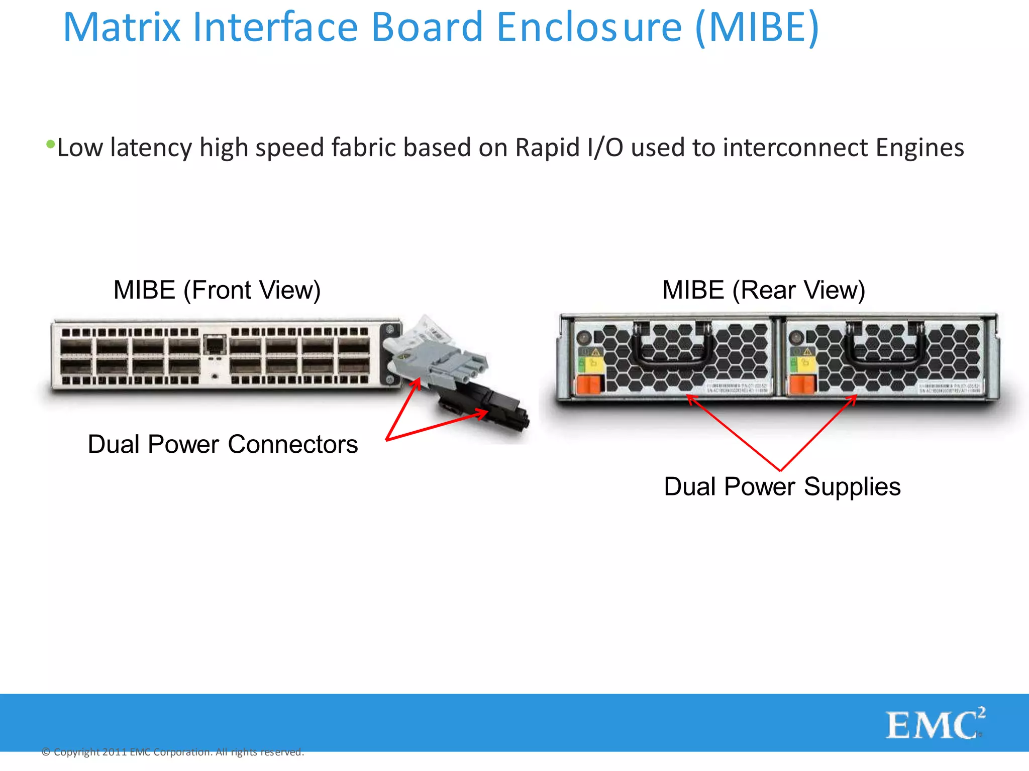 Matrix Interface Board Enclosure (MIBE)
•Low latency high speed fabric based on Rapid I/O used to interconnect Engines
MIBE (Front View) MIBE (Rear View)
Dual Power Connectors
Dual Power Supplies
© Copyright 2011 EMC Corporation. All rights reserved.
 