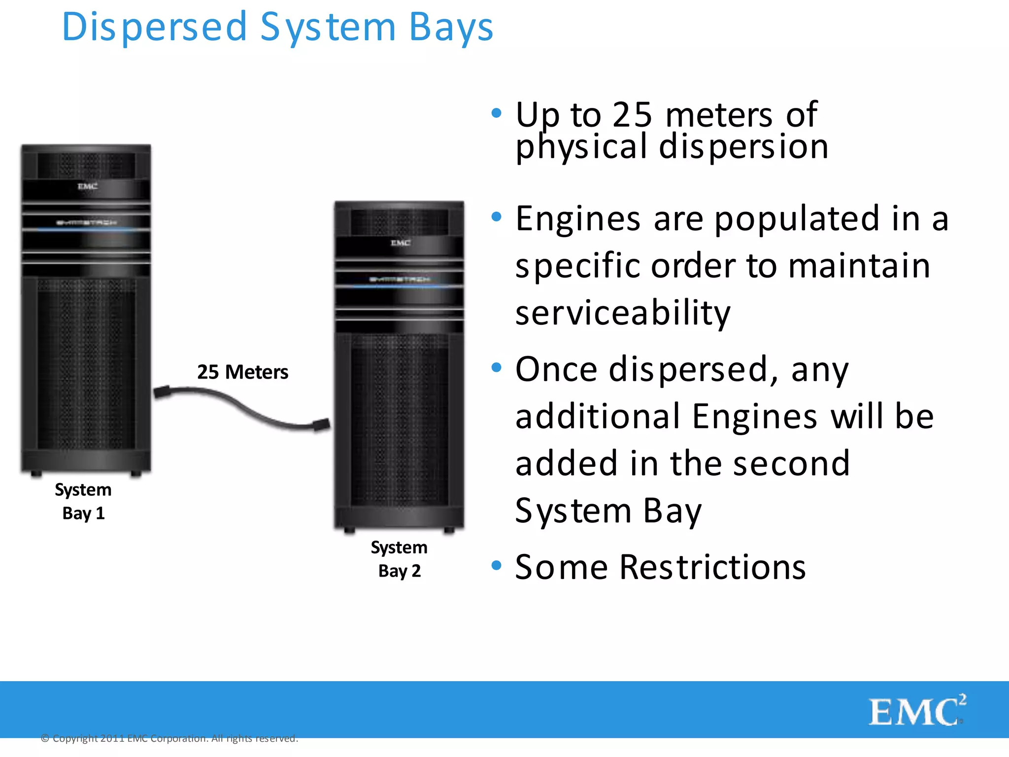 Dispersed System Bays
• Up to 25 meters of
physical dispersion
• Engines are populated in a
specific order to maintain
serviceability
• Once dispersed, any
additional Engines will be
added in the second
System Bay
• Some Restrictions
25 Meters
© Copyright 2011 EMC Corporation. All rights reserved.
System
Bay 1
System
Bay 2
 