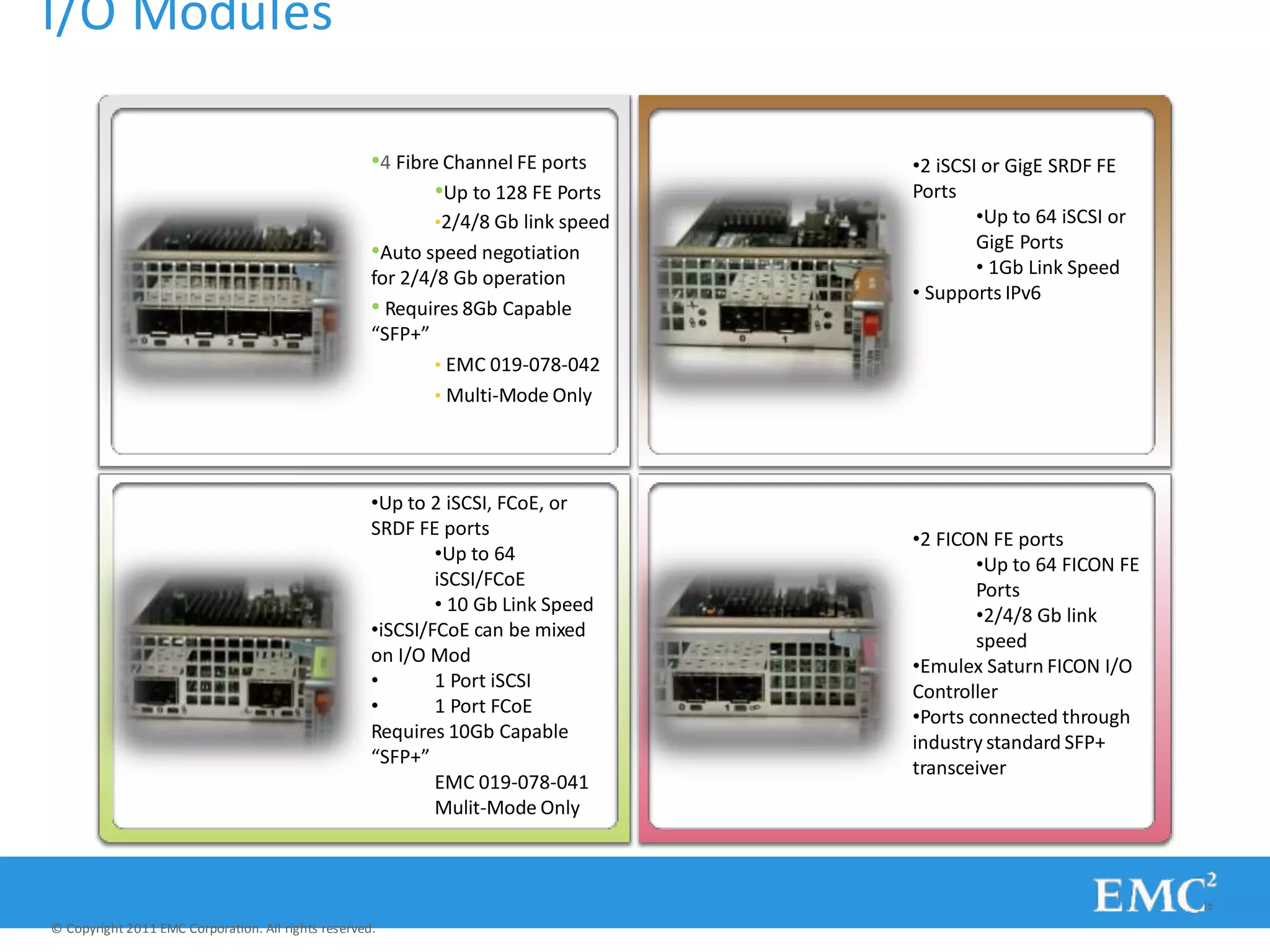 I/O Modules
•4 Fibre Channel FE ports
•Up to 128 FE Ports
•2/4/8 Gb link speed
•Auto speed negotiation
for 2/4/8 Gb operation
• Requires 8Gb Capable
“SFP+”
• EMC 019-078-042
• Multi-Mode Only
© Copyright 2011 EMC Corporation. All rights reserved.
•2 iSCSI or GigE SRDF FE
Ports
•Up to 64 iSCSI or
GigE Ports
• 1Gb Link Speed
• Supports IPv6
•Up to 2 iSCSI, FCoE, or
SRDF FE ports
•Up to 64
iSCSI/FCoE
• 10 Gb Link Speed
•iSCSI/FCoE can be mixed
on I/O Mod
• 1 Port iSCSI
• 1 Port FCoE
Requires 10Gb Capable
“SFP+”
EMC 019-078-041
Mulit-Mode Only
•2 FICON FE ports
•Up to 64 FICON FE
Ports
•2/4/8 Gb link
speed
•Emulex Saturn FICON I/O
Controller
•Ports connected through
industry standard SFP+
transceiver
 