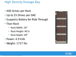 High Density Storage Bay
• 400 Drives per Rack
• Up to 25 Drives per DAE
• Supports Battery for Ride Through
• Titan Rack
• Rack Width: 24”
• Rack Height: 40 U
• Rack Depth: 39”
• Power: 4.9 kVA
• Weight: 1727 lbs
© Copyright 2011 EMC Corporation. All rights reserved.
 
