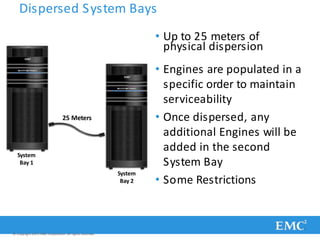 Dispersed System Bays
• Up to 25 meters of
physical dispersion
• Engines are populated in a
specific order to maintain
serviceability
• Once dispersed, any
additional Engines will be
added in the second
System Bay
• Some Restrictions
25 Meters
© Copyright 2011 EMC Corporation. All rights reserved.
System
Bay 1
System
Bay 2
 