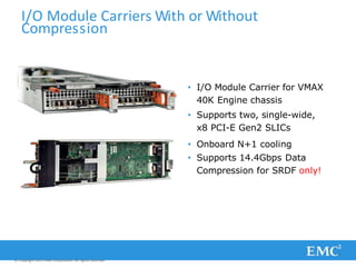 I/O Module Carriers With or Without
Compression
• I/O Module Carrier for VMAX
40K Engine chassis
• Supports two, single-wide,
x8 PCI-E Gen2 SLICs
• Onboard N+1 cooling
• Supports 14.4Gbps Data
Compression for SRDF only!
© Copyright 2011 EMC Corporation. All rights reserved.
 