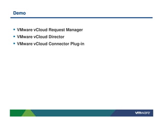 Demo
VMware vCloud Request Manager
VMware vCloud Director
VMware vCloud Connector Plug-in
 