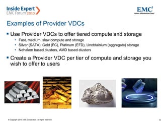 19© Copyright 2010 EMC Corporation. All rights reserved.
Examples of Provider VDCs
 Use Provider VDCs to offer tiered compute and storage
• Fast, medium, slow compute and storage
• Silver (SATA), Gold (FC), Platinum (EFD), Unobtainium (aggregate) storage
• Nehalem based clusters, AMD based clusters
 Create a Provider VDC per tier of compute and storage you
wish to offer to users
 