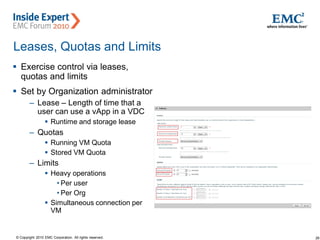 26© Copyright 2010 EMC Corporation. All rights reserved.
Leases, Quotas and Limits
 Exercise control via leases,
quotas and limits
 Set by Organization administrator
– Lease – Length of time that a
user can use a vApp in a VDC
 Runtime and storage lease
– Quotas
 Running VM Quota
 Stored VM Quota
– Limits
 Heavy operations
• Per user
• Per Org
 Simultaneous connection per
VM
 