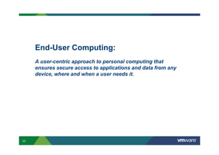 End-User Computing:
A user-centric approach to personal computing that
ensures secure access to applications and data from any
device, where and when a user needs it.
23
 