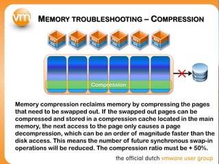 MEMORY TROUBLESHOOTING – COMPRESSION
Compression
Memory compression reclaims memory by compressing the pages
that need to be swapped out. If the swapped out pages can be
compressed and stored in a compression cache located in the main
memory, the next access to the page only causes a page
decompression, which can be an order of magnitude faster than the
disk access. This means the number of future synchronous swap-in
operations will be reduced. The compression ratio must be + 50%.
 
