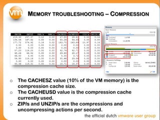 MEMORY TROUBLESHOOTING – COMPRESSION
o The CACHESZ value (10% of the VM memory) is the
compression cache size.
o The CACHEUSD value is the compression cache
currently used.
o ZIP/s and UNZIP/s are the compressions and
uncompressing actions per second.
 
