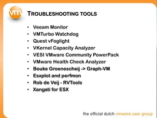 TROUBLESHOOTING TOOLS
• Veeam Monitor
• VMTurbo Watchdog
• Quest vFoglight
• VKernel Capacity Analyzer
• VESI VMware Community PowerPack
• VMware Health Check Analyzer
• Bouke Groenescheij -> Graph-VM
• Esxplot and perfmon
• Rob de Veij - RVTools
• Xangati for ESX
 