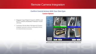 Confirm Control Actions With Your Own Eyes
Custom Options
▪ Baggage Image Weight ID Systems (BIWIS) used
by U.S. Customs and Border Protection include
cameras.
▪ Southwest Florida Water Management System
employs cameras to ensure successful control
of critical remote structures.
Remote Camera Integration
BIWIS display at Stanfield International Airport in Halifax, Nova Scotia
 