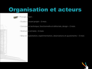 Organisation et acteurs Phasage projet : Etudes et avant projet – 3 mois Conception technique, fonctionnelle et éditoriale, design – 2 mois Réalisation et tests – 4 mois Mise en exploitation, expérimentation, observations et ajustements – 3 mois 