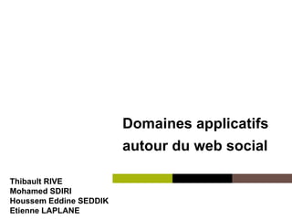 Institut Mines-Télécom
Domaines applicatifs
autour du web social
Thibault RIVE
Mohamed SDIRI
Houssem Eddine SEDDIK
Etienne LAPLANE
 