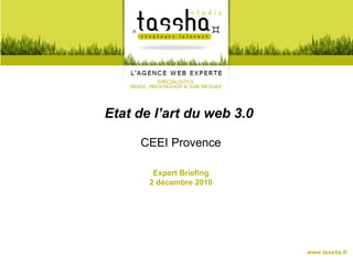 Etat de l’art du web 3.0

     CEEI Provence

        Expert Briefing
       2 décembre 2010




                           www.tassha.fr
 