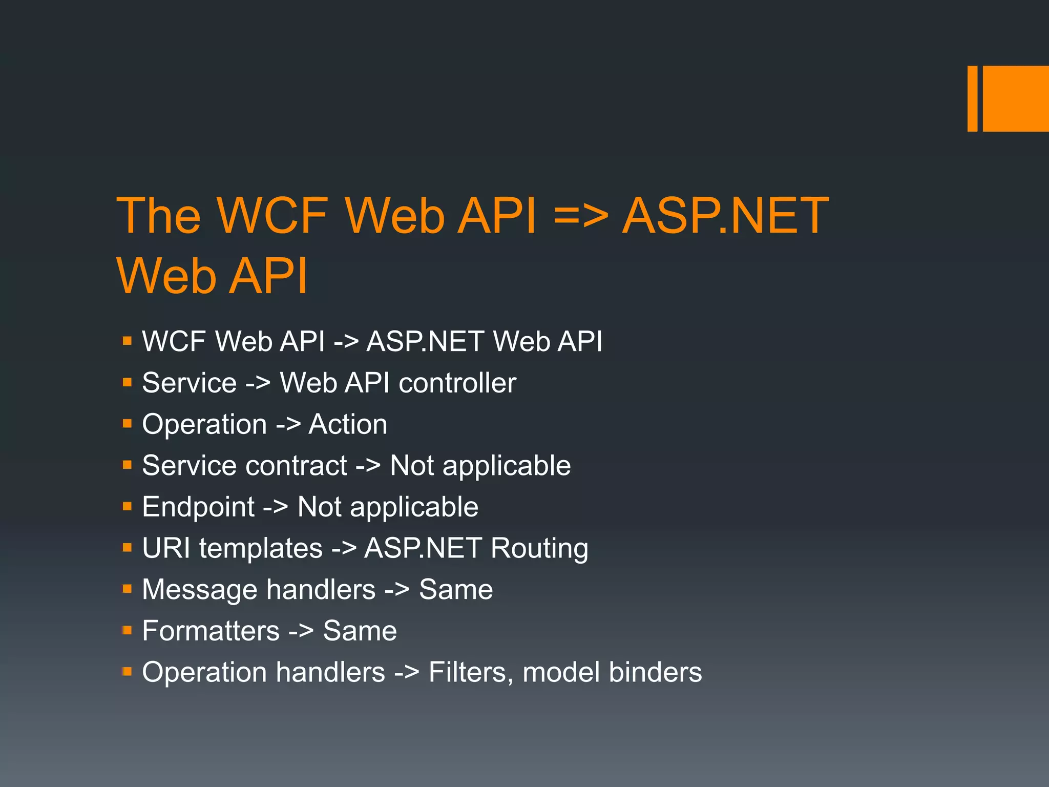 The WCF Web API => ASP.NET
Web API
 WCF Web API -> ASP.NET Web API
 Service -> Web API controller
 Operation -> Action
 Service contract -> Not applicable
 Endpoint -> Not applicable
 URI templates -> ASP.NET Routing
 Message handlers -> Same
 Formatters -> Same
 Operation handlers -> Filters, model binders
 