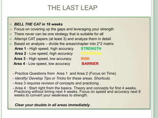 THE LAST LEAP
 BELL THE CAT in 16 weeks
 Focus on covering up the gaps and leveraging your strength
 There never can be one strategy that is suitable for all
 Attempt CAT papers (at least 3) and analyze them in detail
 Based on analysis – divide the areas/chapter into 2*2 matrix
Area 1 - High speed, high accuracy STRENGTH
Area 2 - Low speed, high accuracy POTENTIAL
Area 3 - High speed, low accuracy RISK
Area 4 - Low speed, low accuracy BARRIER
- Practice Questions from Area 1 and Area 2 (Focus on Time)
- Identify/ Develop Tips or Tricks for these areas. Shortcuts.
- Area 3 requires revision of concepts and practicing .
- Area 4 : Start right from the basics. Theory and concepts for first 4 weeks.
Practicing without timing next 4 weeks. Focus on speed and accuracy next 8
weeks to convert your weakness to strength.
Clear your doubts in all areas immediately.
 