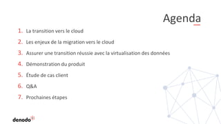 Agenda
1. La transition vers le cloud
2. Les enjeux de la migration vers le cloud
3. Assurer une transition réussie avec la virtualisation des données
4. Démonstration du produit
5. Étude de cas client
6. Q&A
7. Prochaines étapes
 