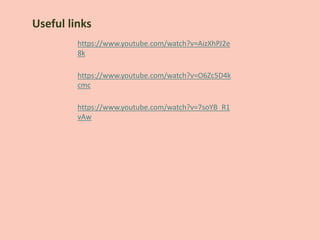 https://www.youtube.com/watch?v=7soYB_R1
vAw
https://www.youtube.com/watch?v=AizXhPJ2e
8k
https://www.youtube.com/watch?v=O6Zc5D4k
cmc
Useful links
 