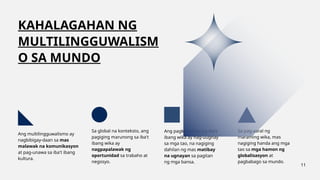 Ang multilingguwalismo ay
nagbibigay-daan sa mas
malawak na komunikasyon
at pag-unawa sa iba't ibang
kultura.
Sa global na konteksto, ang
pagiging marunong sa iba't
ibang wika ay
nagpapalawak ng
oportunidad sa trabaho at
negosyo.
KAHALAGAHAN NG
MULTILINGGUWALISM
O SA MUNDO
Ang pagkakaroon ng iba't
ibang wika ay nag-uugnay
sa mga tao, na nagiging
dahilan ng mas matibay
na ugnayan sa pagitan
ng mga bansa.
11
Sa pag-aaral ng
maraming wika, mas
nagiging handa ang mga
tao sa mga hamon ng
globalisasyon at
pagbabago sa mundo.
 