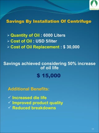Savings By Installation Of Centrifuge  Quantity of Oil  : 6000 Liters Cost of Oil  : USD 5/liter Cost of Oil Replacement  : $ 30,000 Additional Benefits: Increased die life Improved product quality Reduced breakdowns Savings achieved considering 50% increase of oil life 15,000  