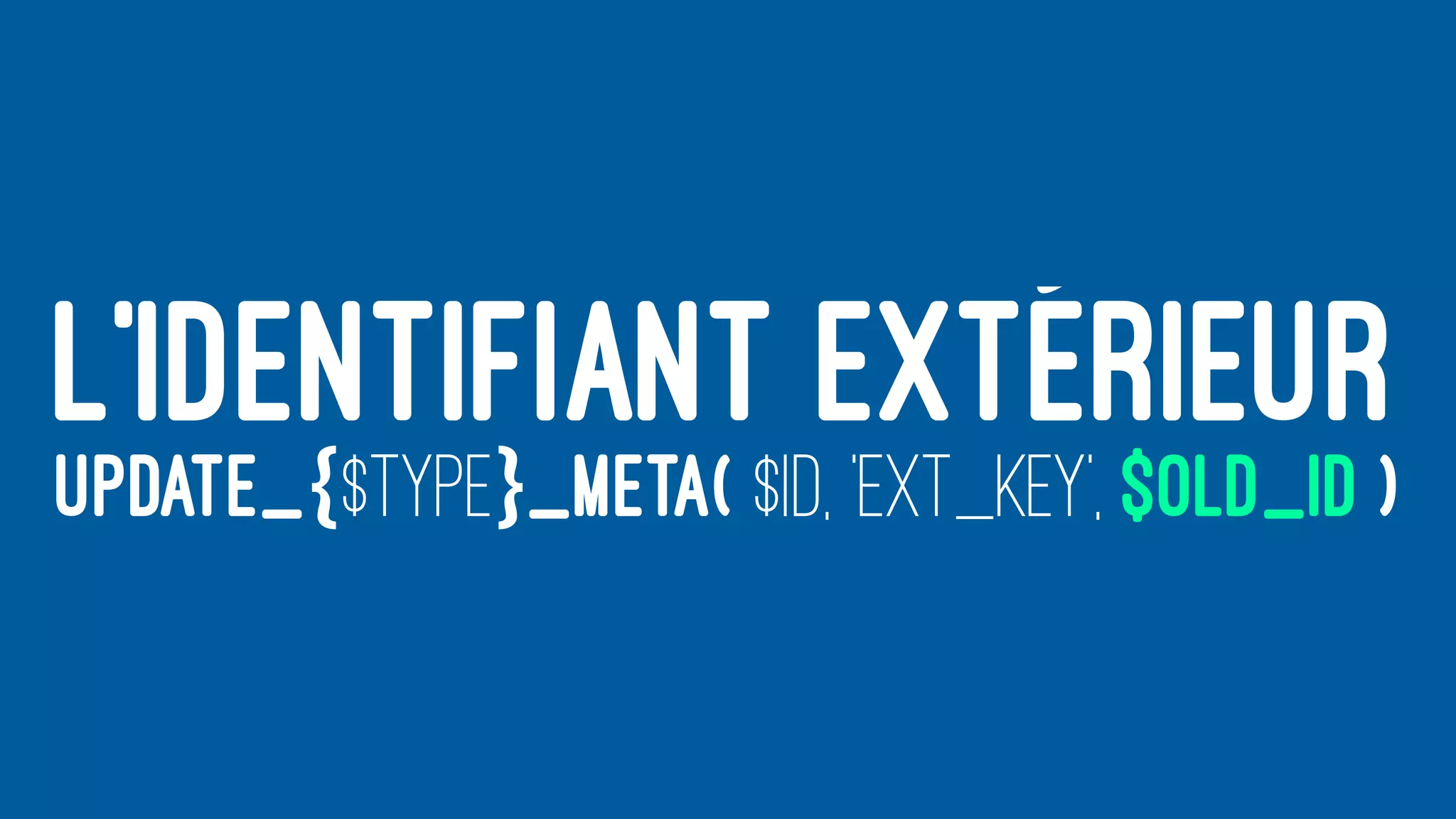 L’IDENTIFIANT EXTÉRIEUR
UPDATE_{$TYPE}_META( $ID, 'EXT_KEY', $OLD_ID )
 