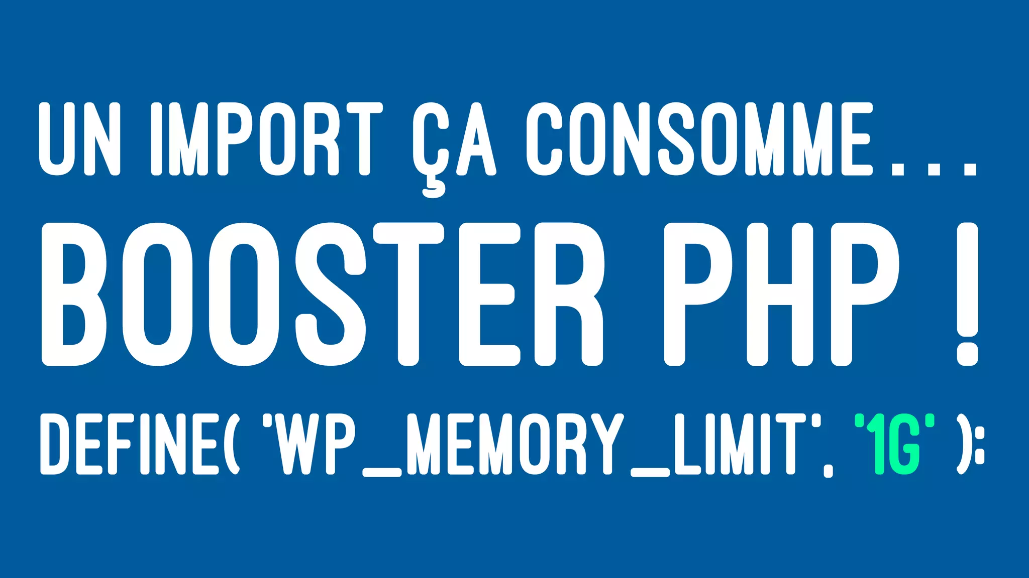 UN IMPORT ÇA CONSOMME…
BOOSTER PHP !
DEFINE( 'WP_MEMORY_LIMIT', '1G' );
 
