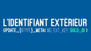 L’IDENTIFIANT EXTÉRIEUR
UPDATE_{$TYPE}_META( $ID, 'EXT_KEY', $OLD_ID )
 