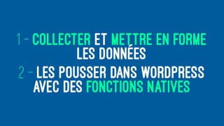1 - COLLECTER ET METTRE EN FORME
LES DONNÉES
2 - LES POUSSER DANS WORDPRESS
AVEC DES FONCTIONS NATIVES
 