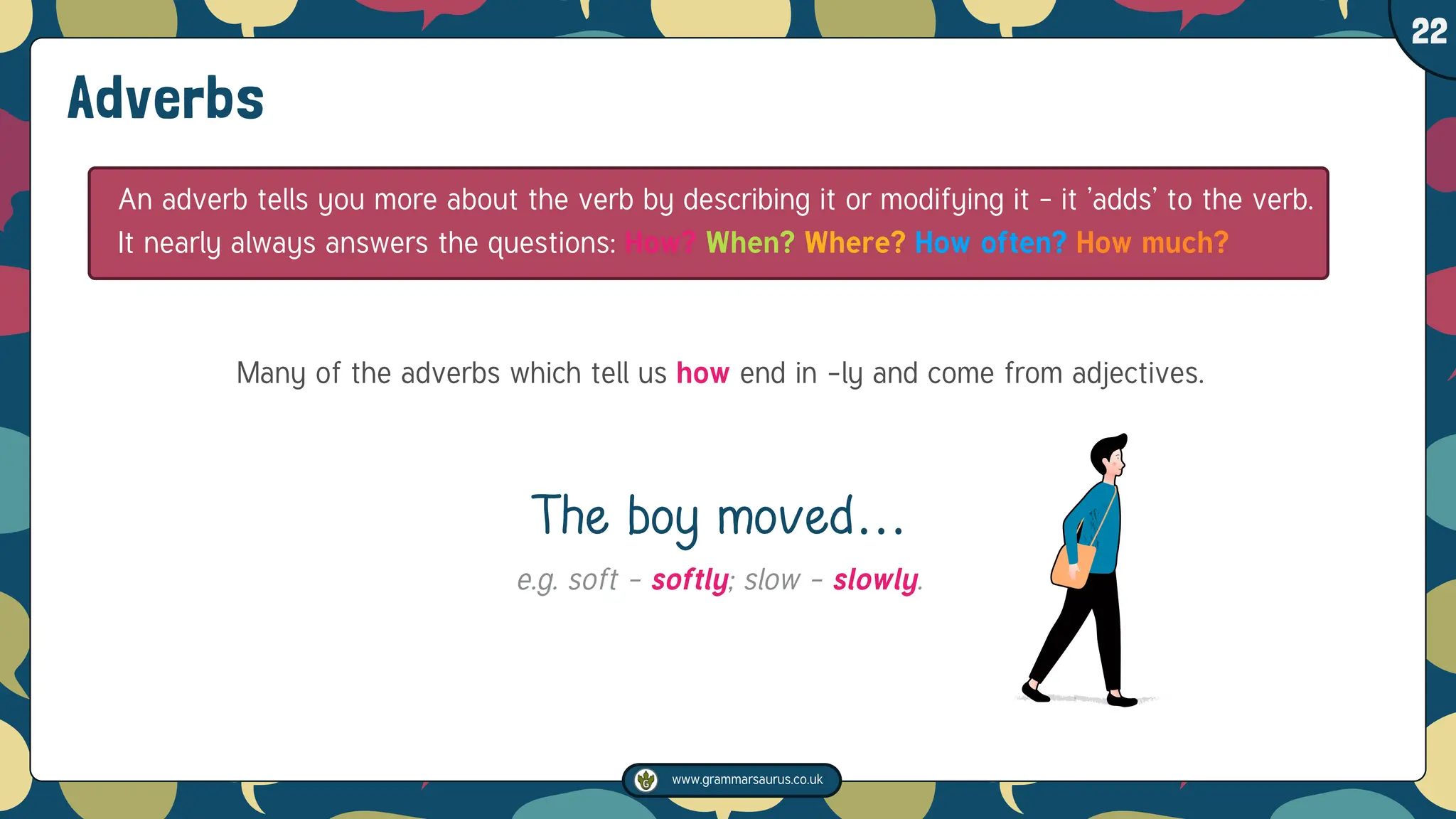 www.grammarsaurus.co.uk
1
22
Adverbs
An adverb tells you more about the verb by describing it or modifying it - it ’adds’ to the verb.
It nearly always answers the questions: How? When? Where? How often? How much?
Many of the adverbs which tell us how end in –ly and come from adjectives.
The boy moved…
e.g. soft – softly; slow – slowly.
 
