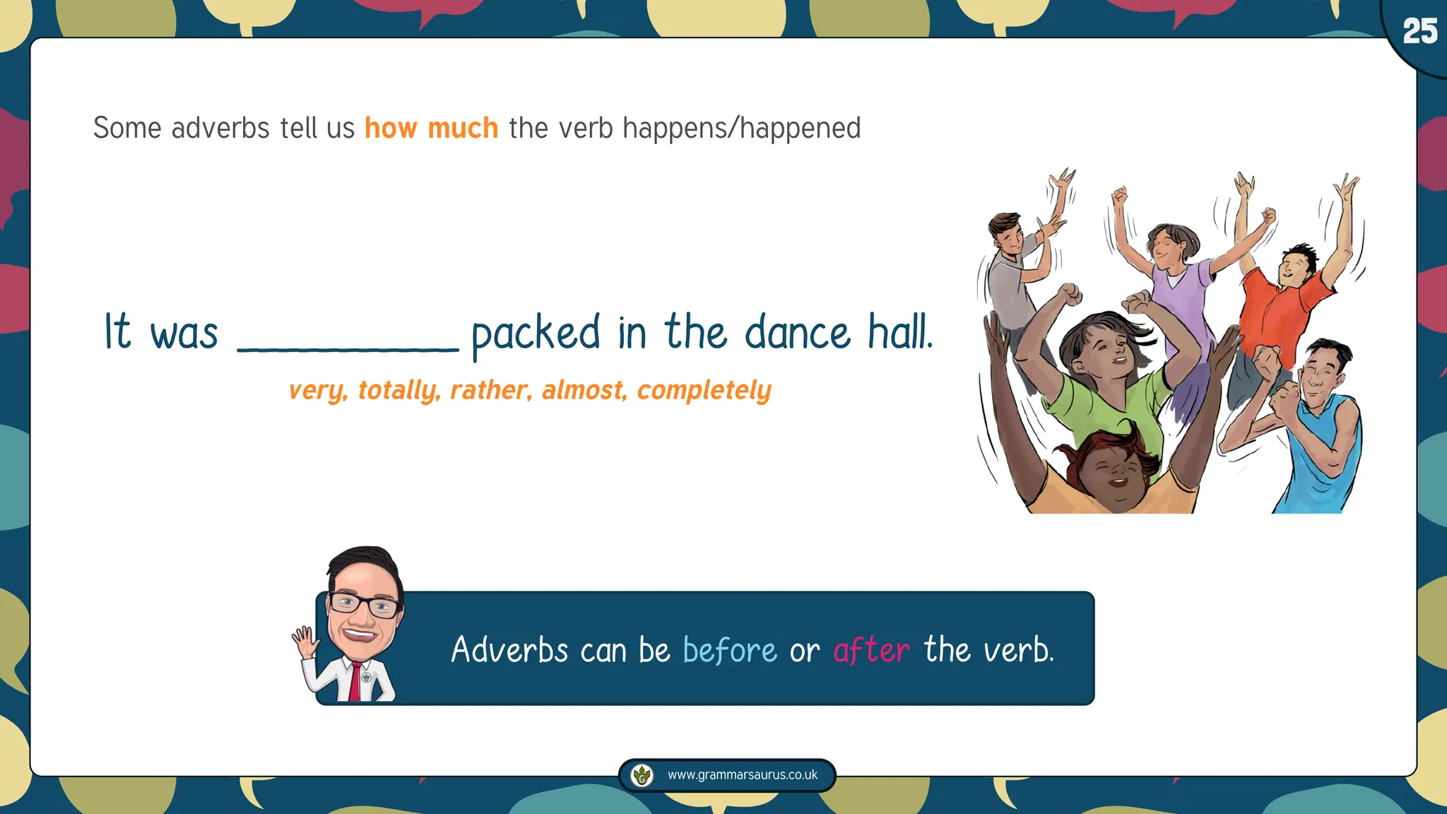 www.grammarsaurus.co.uk
1
25
Some adverbs tell us how much the verb happens/happened
It was ___________ packed in the dance hall.
very, totally, rather, almost, completely
Adverbs can be before or after the verb.
 