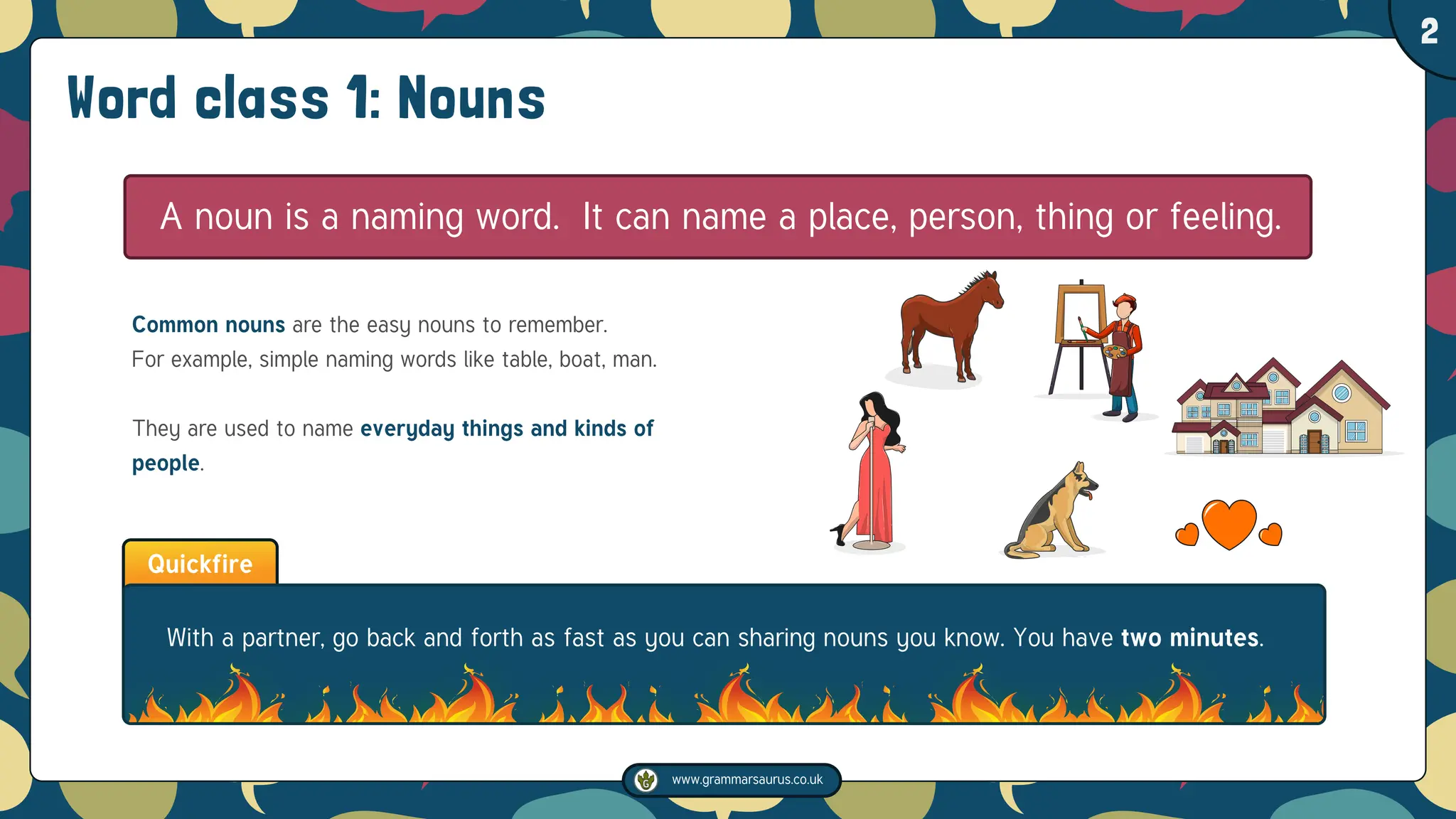www.grammarsaurus.co.uk
1
2
Quickfire
Word class 1: Nouns
A noun is a naming word. It can name a place, person, thing or feeling.
Common nouns are the easy nouns to remember.
For example, simple naming words like table, boat, man.
They are used to name everyday things and kinds of
people.
With a partner, go back and forth as fast as you can sharing nouns you know. You have two minutes.
 