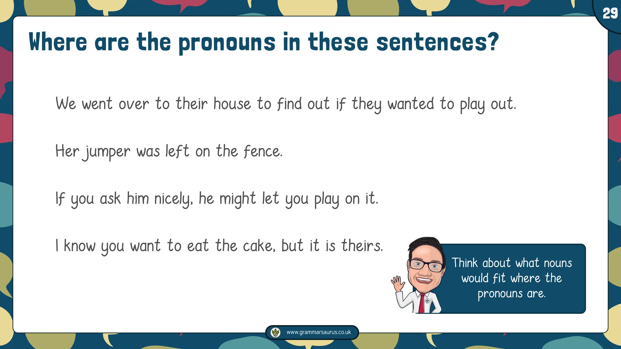 www.grammarsaurus.co.uk
1
29
Where are the pronouns in these sentences?
We went over to their house to find out if they wanted to play out.
Her jumper was left on the fence.
If you ask him nicely, he might let you play on it.
I know you want to eat the cake, but it is theirs.
Think about what nouns
would fit where the
pronouns are.
 
