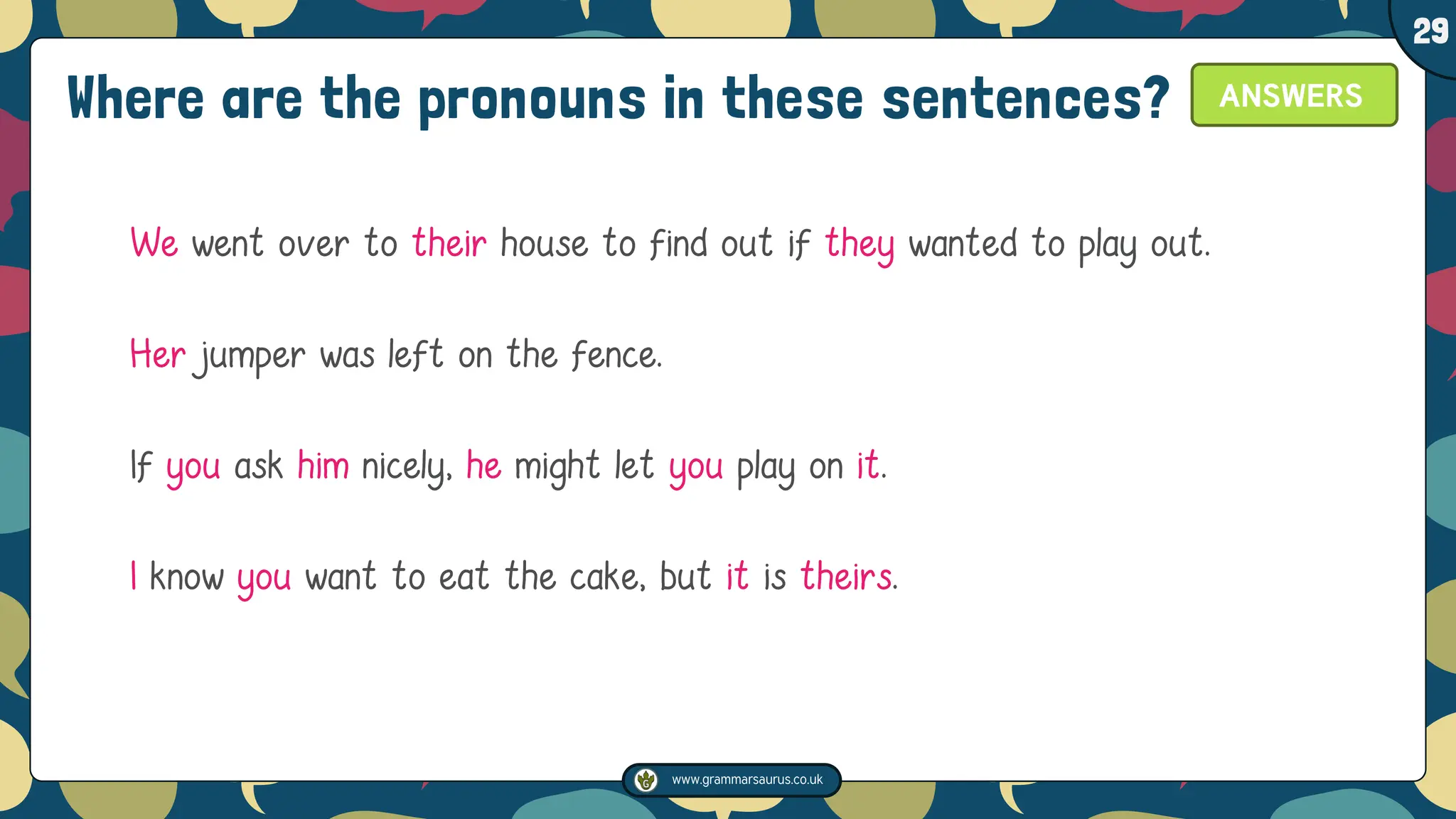 www.grammarsaurus.co.uk
1
29
Where are the pronouns in these sentences?
We went over to their house to find out if they wanted to play out.
Her jumper was left on the fence.
If you ask him nicely, he might let you play on it.
I know you want to eat the cake, but it is theirs.
ANSWERS
 
