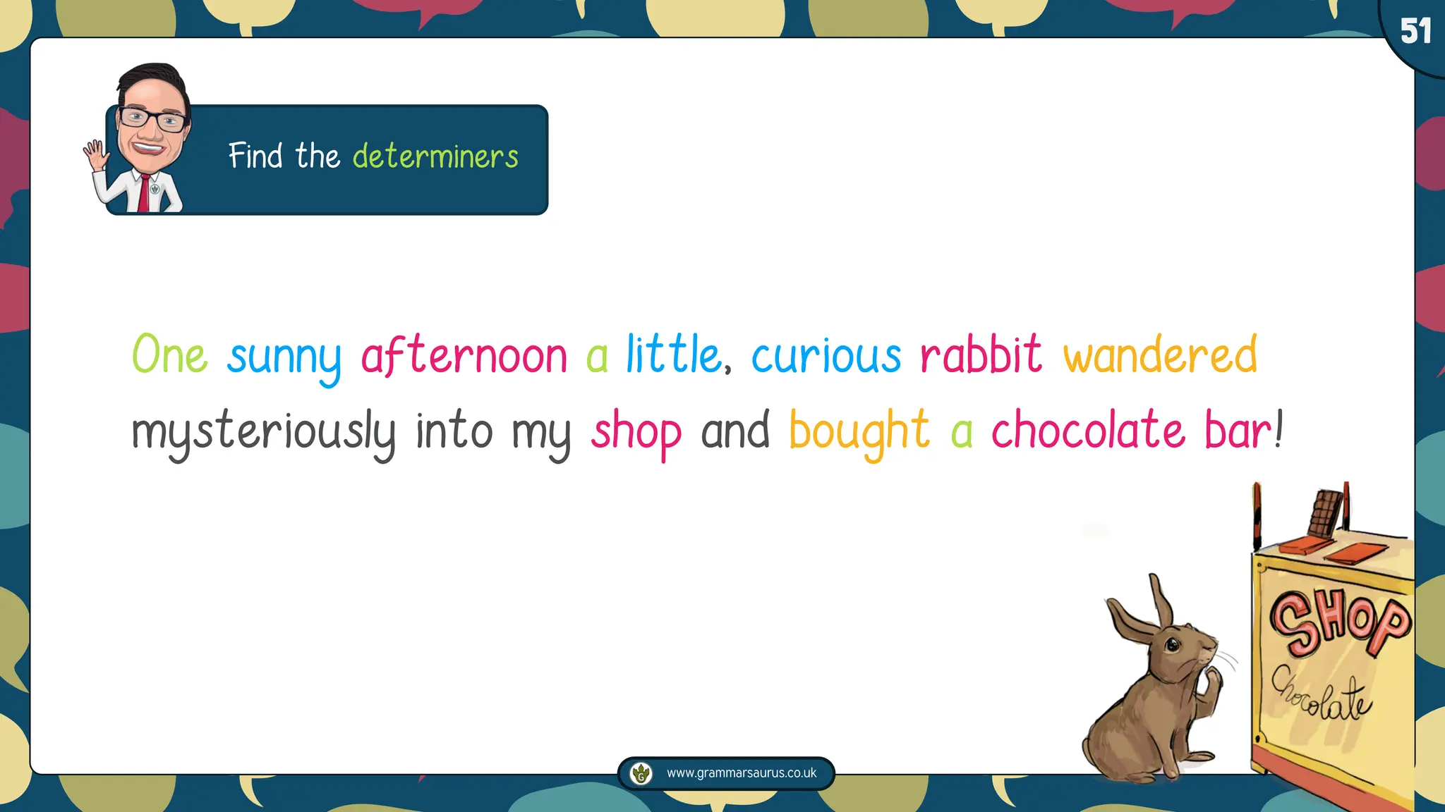 www.grammarsaurus.co.uk
1
51
Find the determiners
One sunny afternoon a little, curious rabbit wandered
mysteriously into my shop and bought a chocolate bar!
 