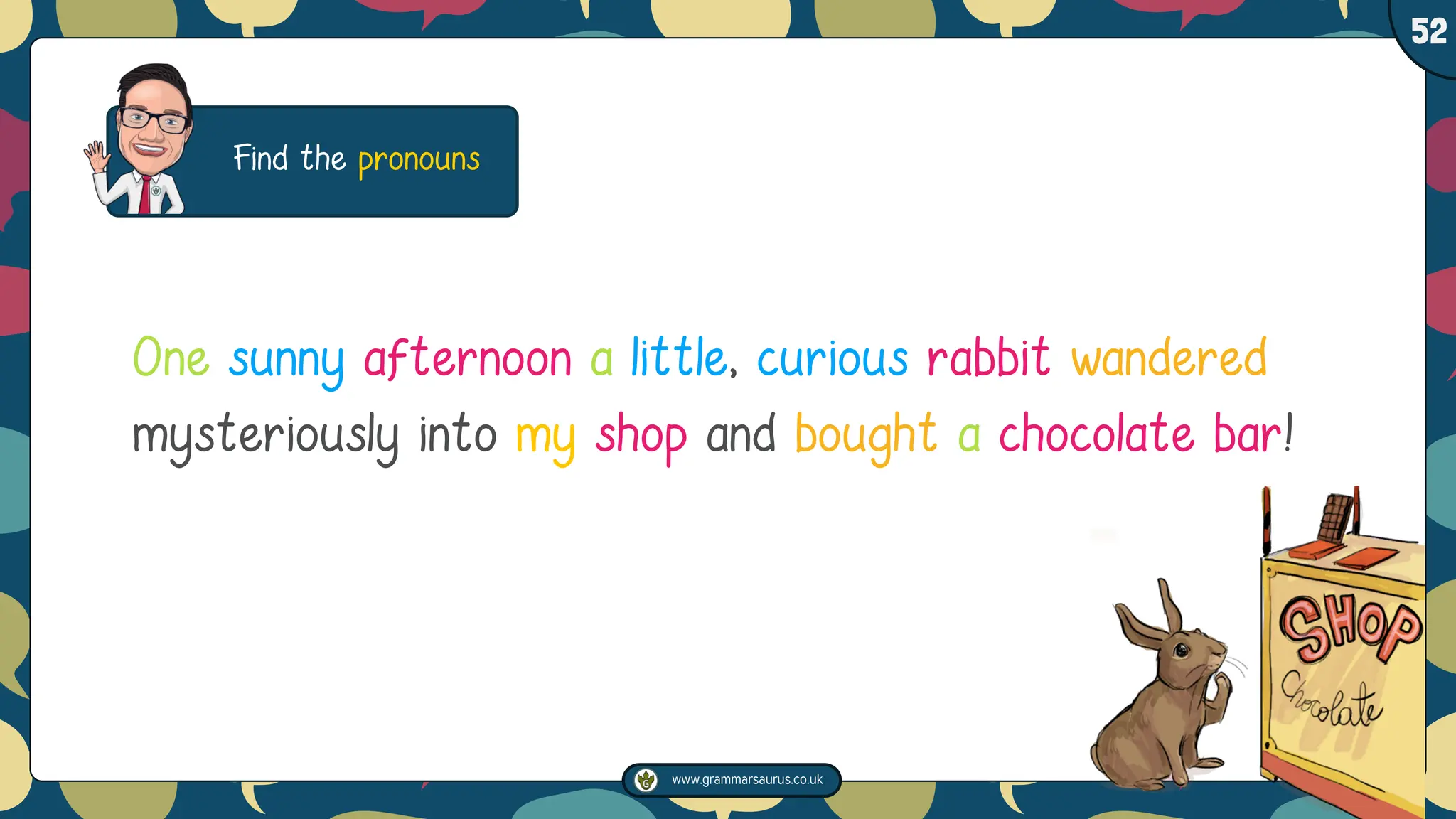 www.grammarsaurus.co.uk
1
52
Find the pronouns
One sunny afternoon a little, curious rabbit wandered
mysteriously into my shop and bought a chocolate bar!
 