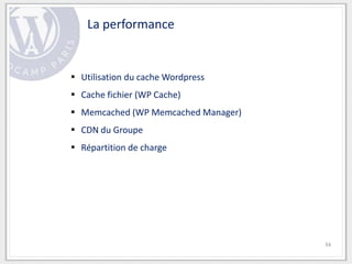 La performance


 Utilisation du cache Wordpress
 Cache fichier (WP Cache)
 Memcached (WP Memcached Manager)
 CDN du Groupe
 Répartition de charge




                                     34
 