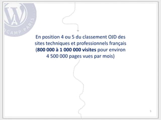 En position 4 ou 5 du classement OJD des
sites techniques et professionnels français
(800 000 à 1 000 000 visites pour environ
      4 500 000 pages vues par mois)




                                              5
 