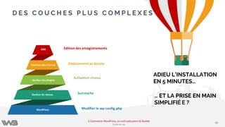 D E S C O U C H E S P L U S C O M P L E X E S
Modifier le wp-config.php
Surcouche
Activation réseau
Déploiement au besoin
Edition des enregistrements
ADIEU L’INSTALLATION
EN 5 MINUTES…
… ET LA PRISE EN MAIN
SIMPLIFIÉ E ?
WordPress
Gestion du réseau
Gestion des plugins
Gestions des thèmes
DNS
1616
E-Commerce WordPress, un outil polyvalent & flexible
Etude de cas
 