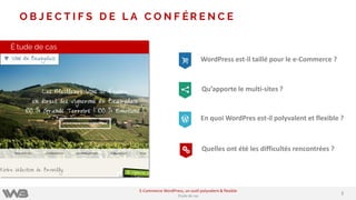22
O B J E C T I F S D E L A C O N F ÉR E N C E
É tude de cas
q
Ĺ
WordPress est-il taillé pour le e-Commerce ?
Qu’apporte le multi-sites ?
En quoi WordPres est-il polyvalent et flexible ?
Quelles ont été les difficultés rencontrées ?Y
E-Commerce WordPress, un outil polyvalent & flexible
Etude de cas
 